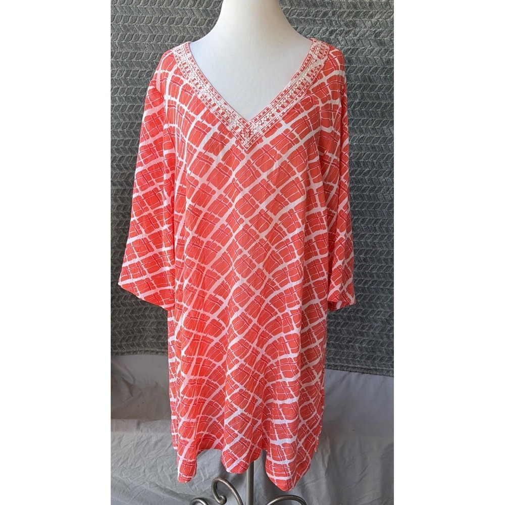 Lands End Beach Cover Up Women 1X Orange Geometric Cotton V-Neck Embroidered